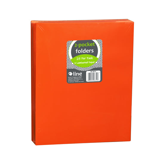 2-Pocket Laminated Paper Portfolio with 3-Hole Punch, Orange, 25/PK, 06312