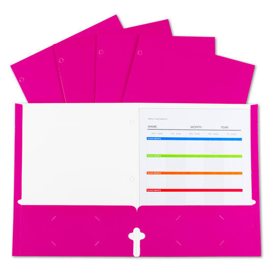 2-Pocket Laminated Paper Portfolio with 3-Hole Punch, Bright Pink, 25/PK, 06318