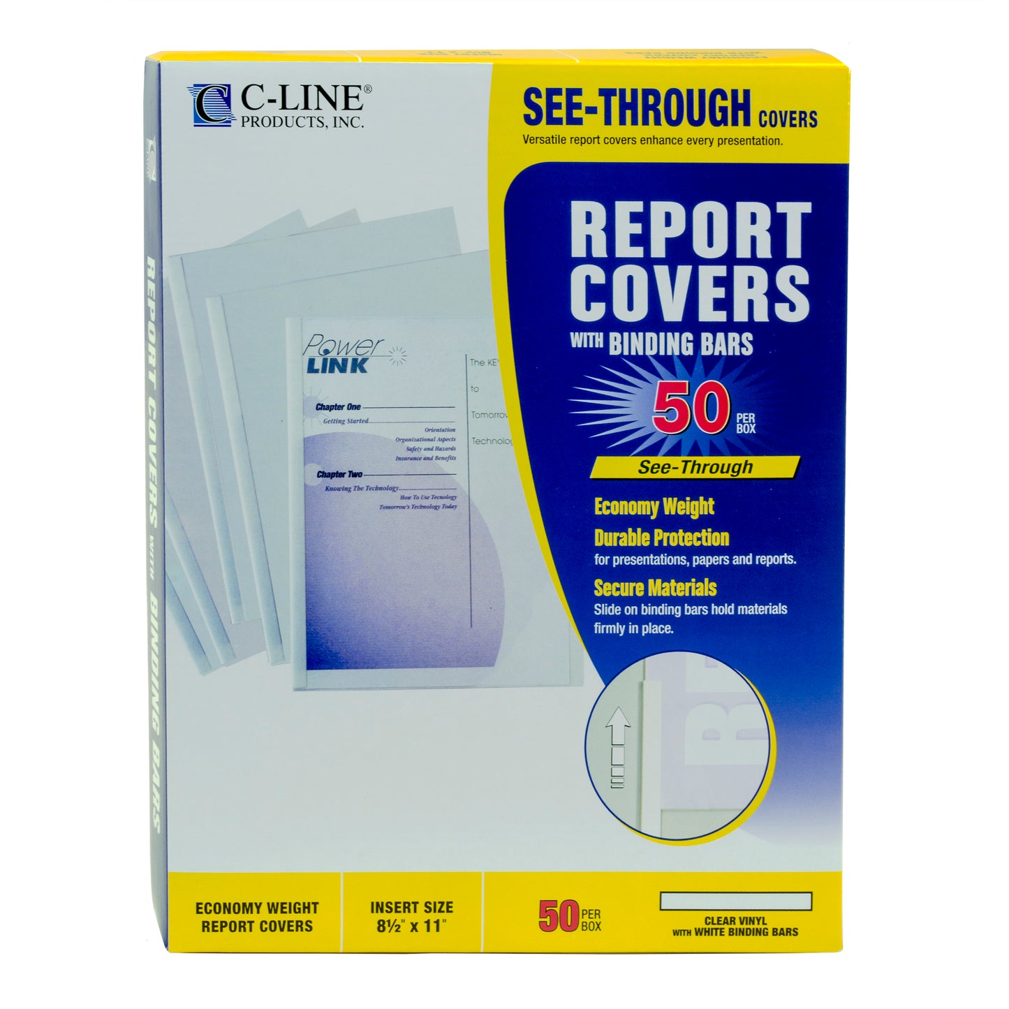 Economy Vinyl Report Covers with Binding Bars, economy, clear, white binding bars, 11 x 8 1/2, 50/BX, 32457