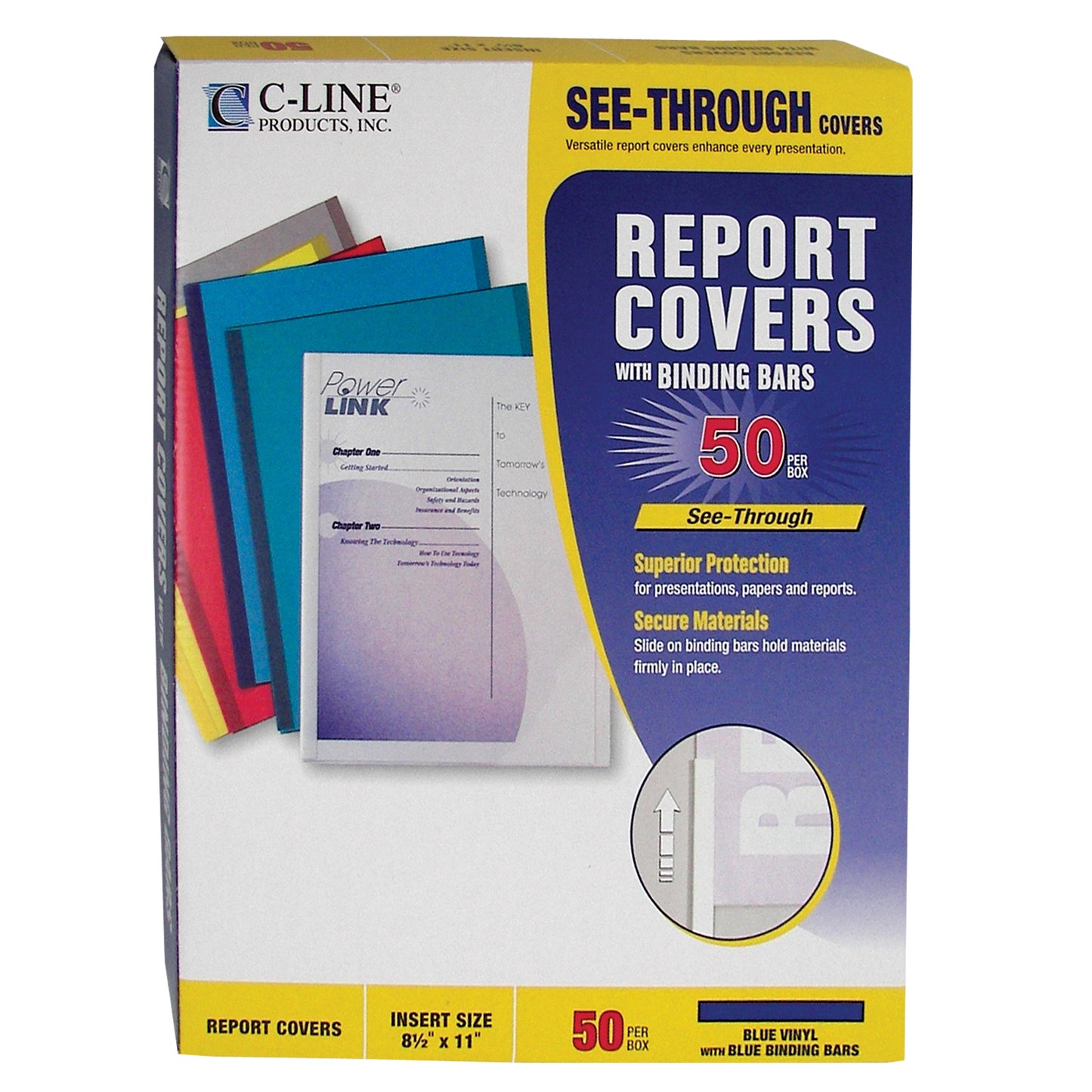 Vinyl Report Covers with Binding Bars, Blue, matching binding bars, 11 x 8 1/2, 50/BX, 32555