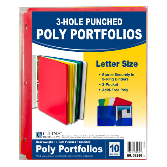 Two-Pocket Heavyweight Poly Portfolio Folder with Three-Hole Punch, Assorted Primary Colors, 10/PK, 32930