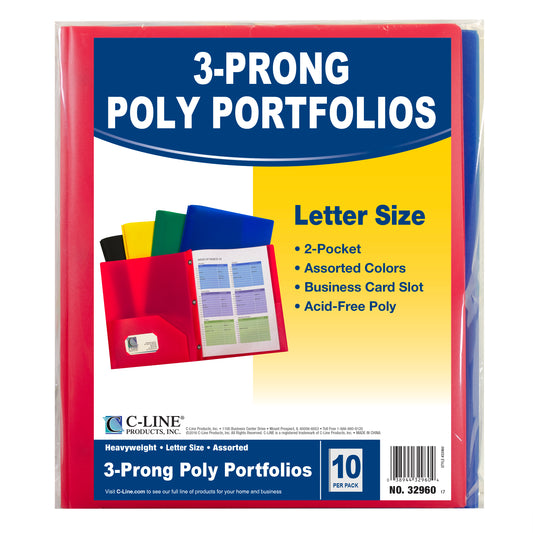 Two-Pocket Heavyweight Poly Portfolio Folder with Prongs, Assorted Primary Colors, 10/PK, 32960