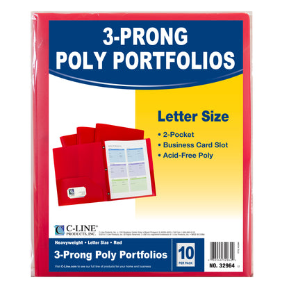 Two-Pocket Heavyweight Poly Portfolio Folder with Prongs, Red, 10/PK, 32964