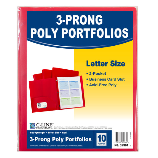 Two-Pocket Heavyweight Poly Portfolio Folder with Prongs, Red, 10/PK, 32964