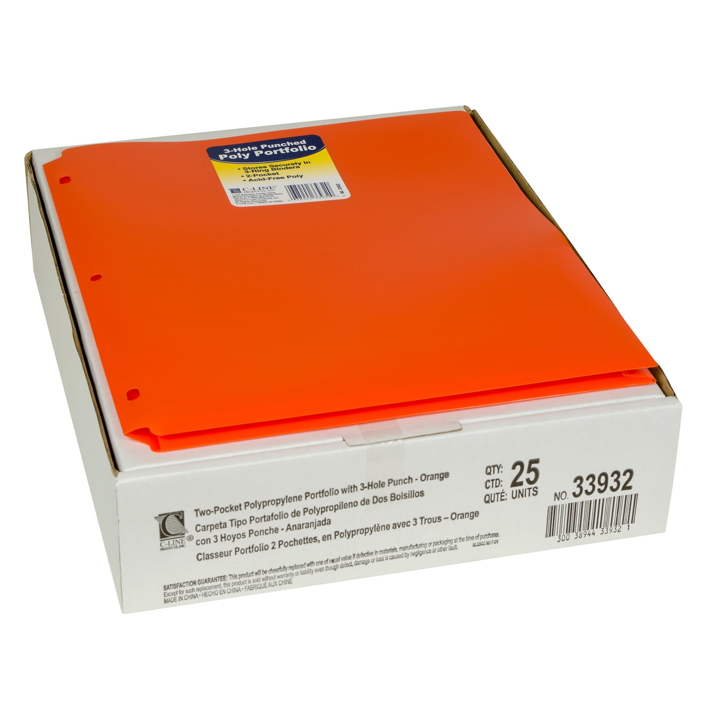 Two-Pocket Heavyweight Poly Portfolio Folder with Three-Hole Punch, Orange, 33932, 1/EA (Set of 25 EA)