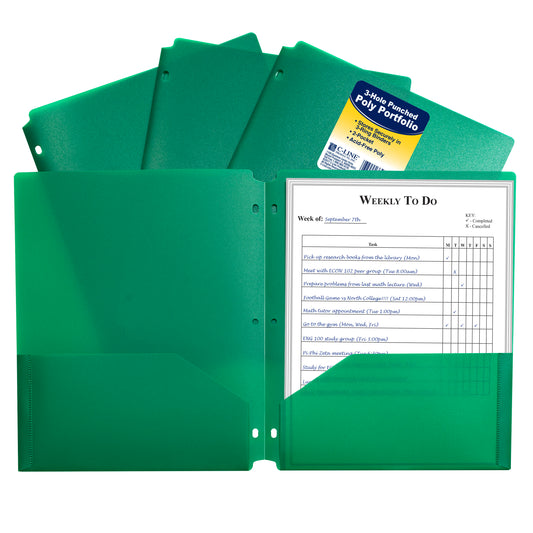 Two-Pocket Heavyweight Poly Portfolio Folder with Three-Hole Punch, Green, 33933, 1/EA (Set of 25 EA)