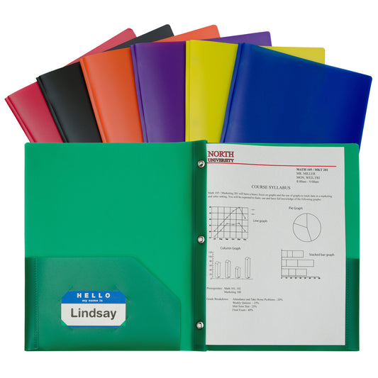 Two-Pocket Heavyweight Poly Portfolio Folder with Prongs, Primary Colors (Color May Vary) (Set of 36 Folders)