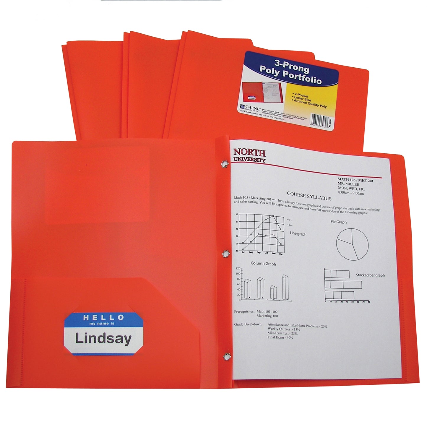 Two-Pocket Heavyweight Poly Portfolio Folder with Prongs, Orange (Set of 25 Folders)