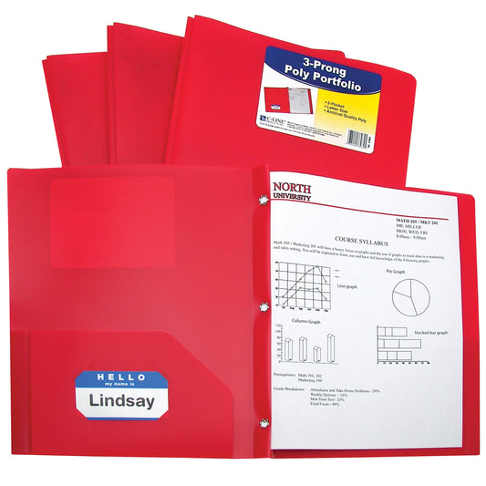 Two-Pocket Heavyweight Poly Portfolio Folder with Prongs, Red (Set of 25 Folders)