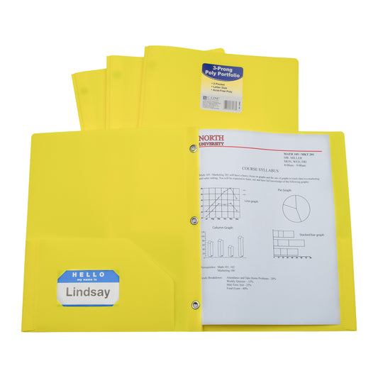 Two-Pocket Heavyweight Poly Portfolio Folder with Prongs, Yellow (Set of 25 Folders)