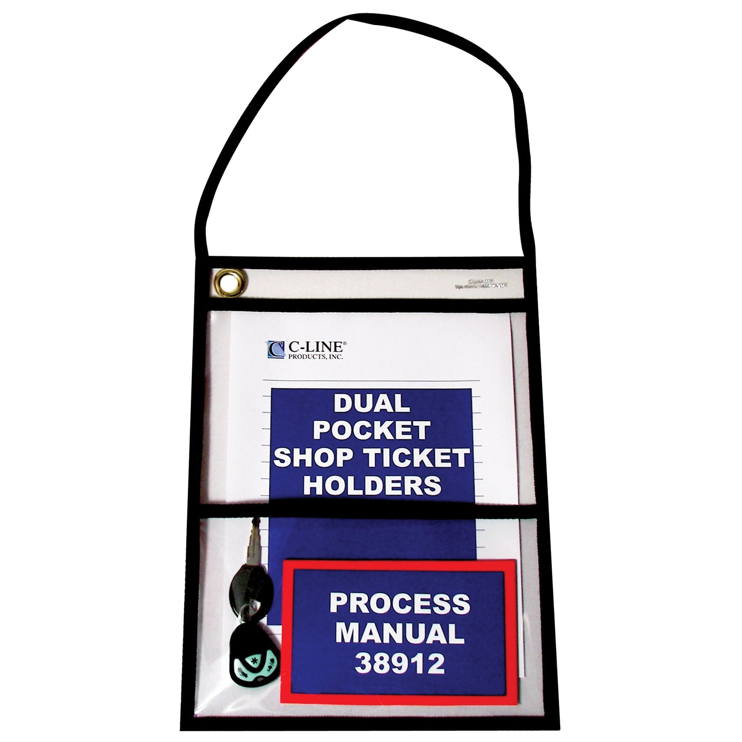 Two Pocket Shop Ticket Holder w/ hanging Strap, Stitched, both sides clear, 9 x 12, 15/BX, 38912