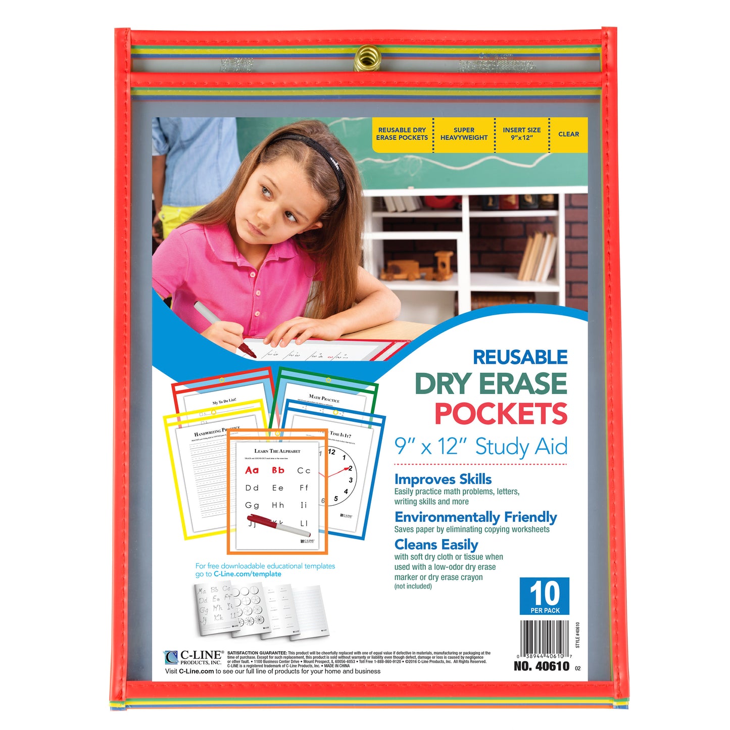 Reusable Dry Erase Pockets, Assorted Primary Colors, 9 x 12, 10/PK, 40610