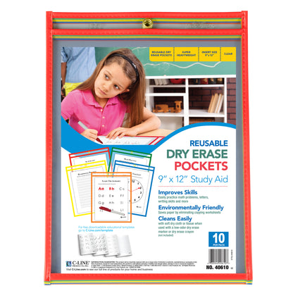 Reusable Dry Erase Pockets, Assorted Primary Colors, 9 x 12, 10/PK, 40610