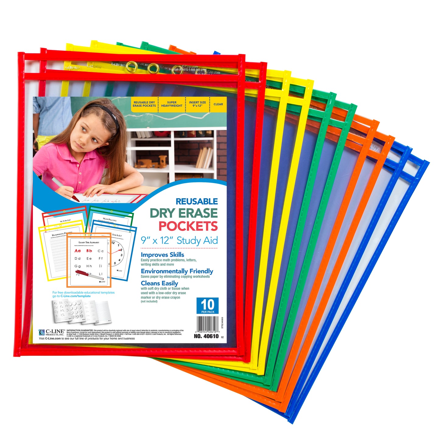 Reusable Dry Erase Pockets, Assorted Primary Colors, 9 x 12, 10/PK, 40610