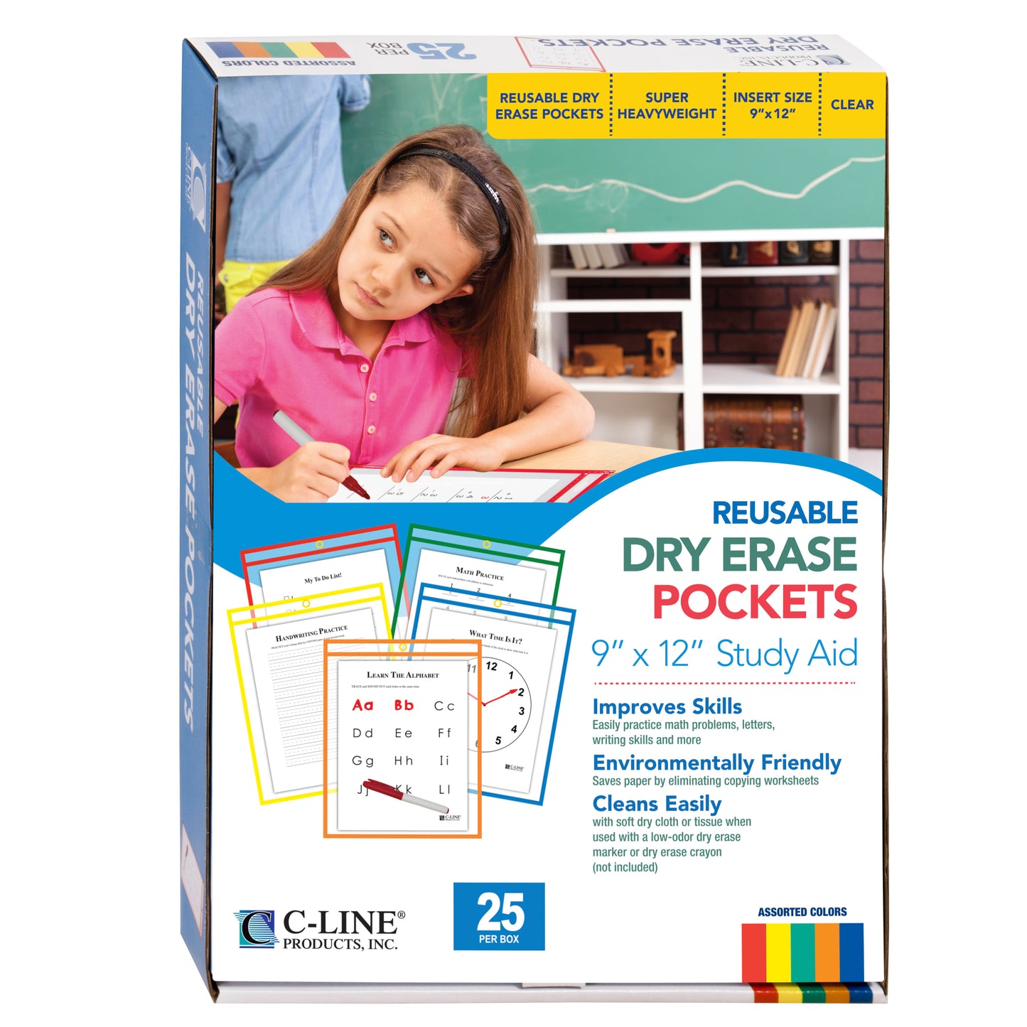 Reusable Dry Erase Pockets, Assorted Primary Colors, 9 x 12, 25/BX, 40620