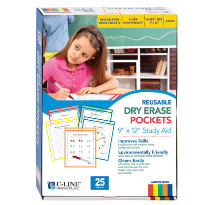 Reusable Dry Erase Pockets, Assorted Primary Colors, 9 x 12, 25/BX, 40620