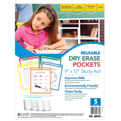 Reusable Dry Erase Pockets, Assorted Primary Colors,  9 x 12, 5/PK, 40630