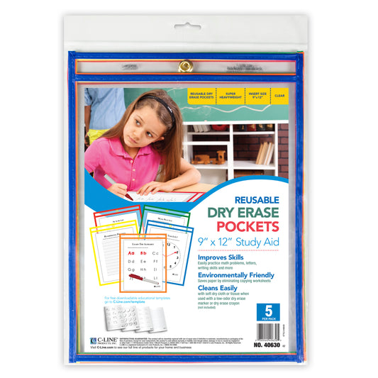 Reusable Dry Erase Pockets, Assorted Primary Colors,  9 x 12, 5/PK, 40630