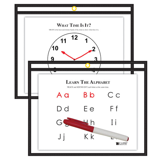 Horizontal Reusable Dry Erase Pocket, Black, 12 x 9 (Set of 30 Pockets)