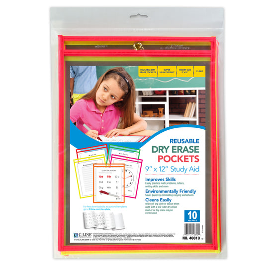 Reusable Dry Erase Pockets, Assorted, 9 x 12, 10/PK, 40810