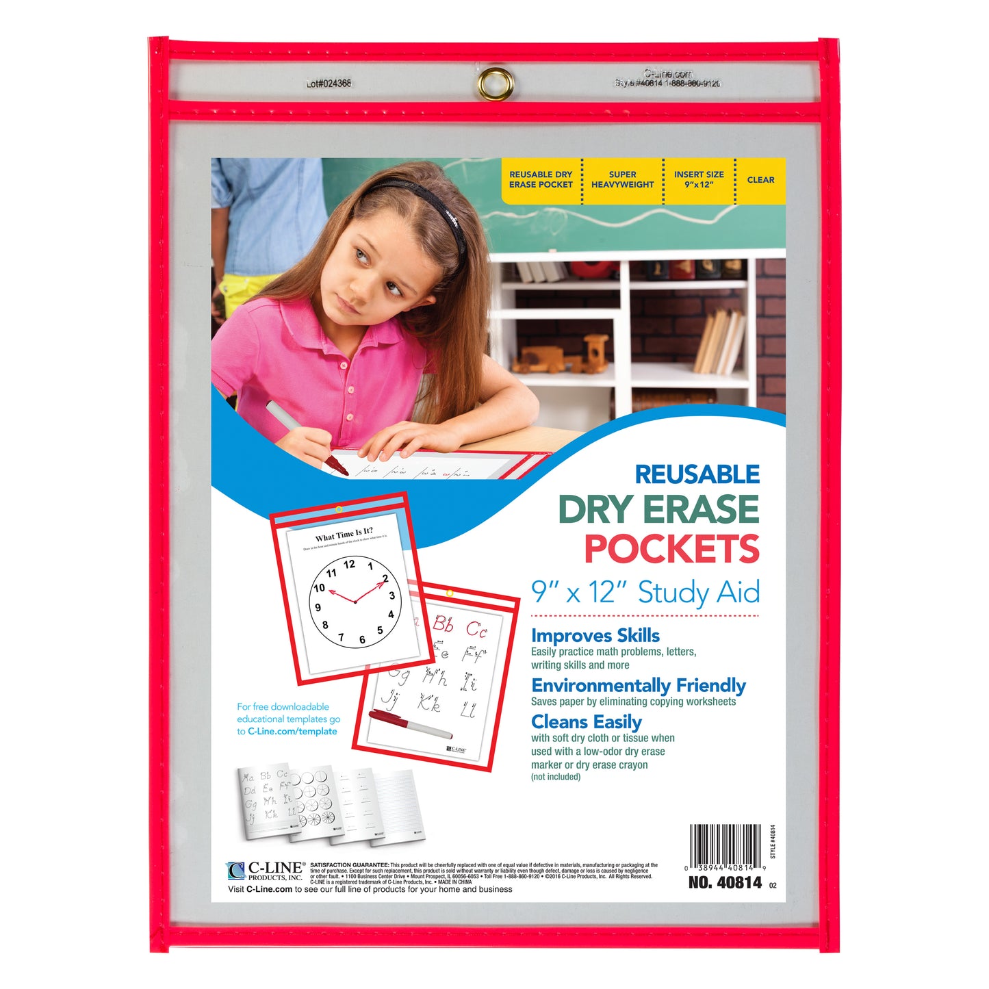 Reusable Dry Erase Pocket, Neon Red, 9 x 12 (Set of 30 Pockets)