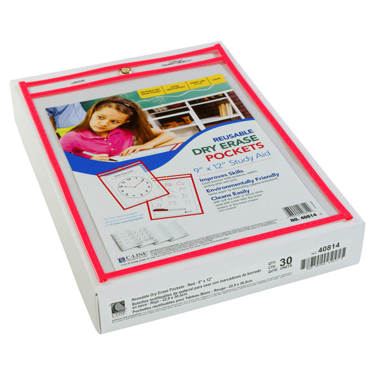 Reusable Dry Erase Pocket, Neon Red, 9 x 12 (Set of 30 Pockets)