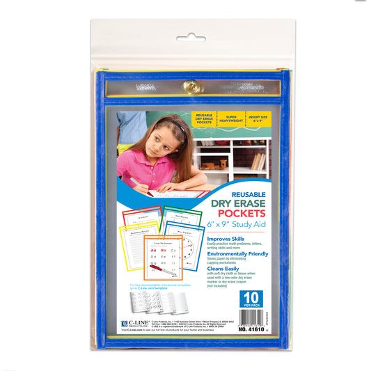 Reusable Dry Erase Pockets, Assorted Primary Colors, 6 x 9, 10/PK, 41610