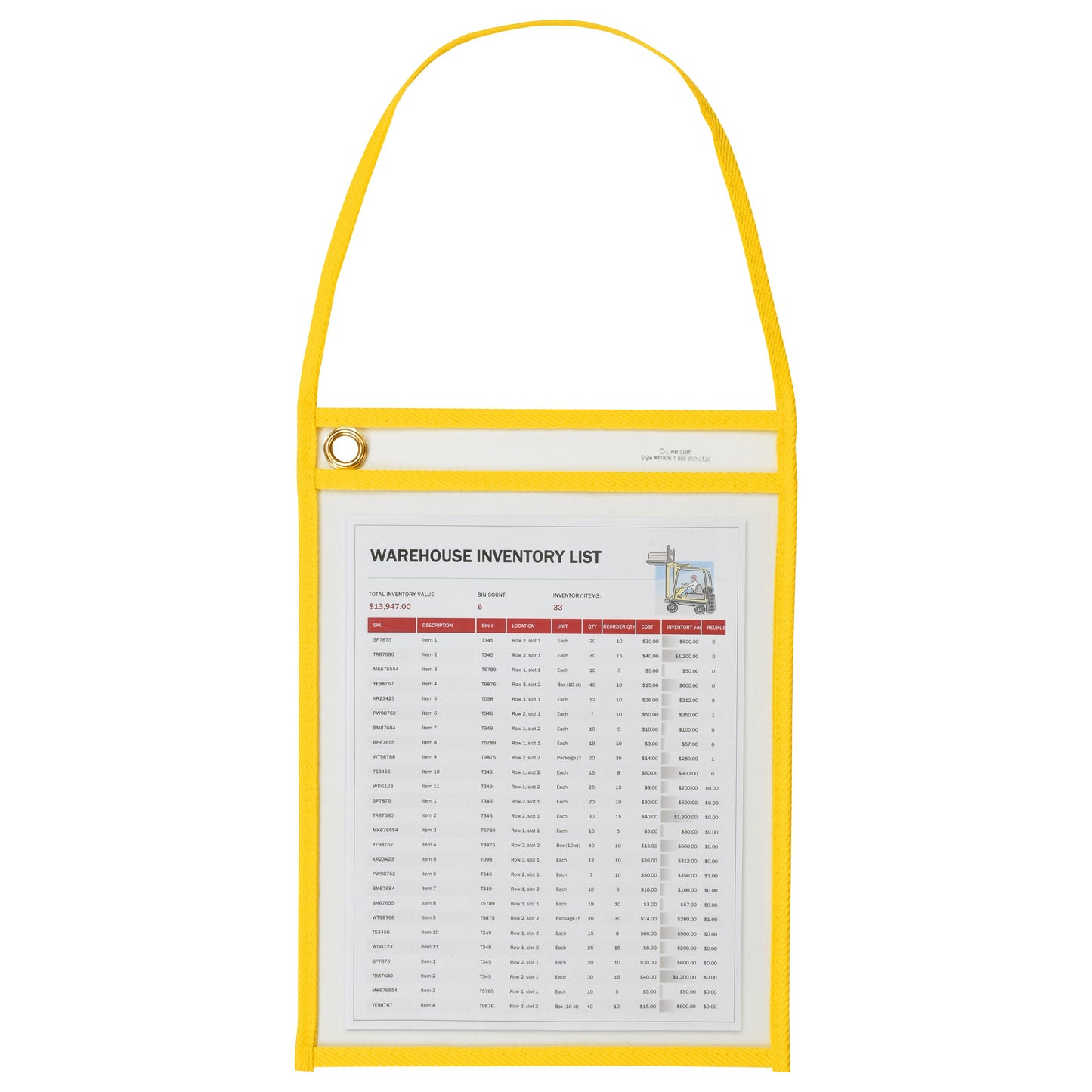 Shop Ticket Holder With Strap, Yellow, Stitched, both sides clear, 9 X 12, 15/BX, 41926