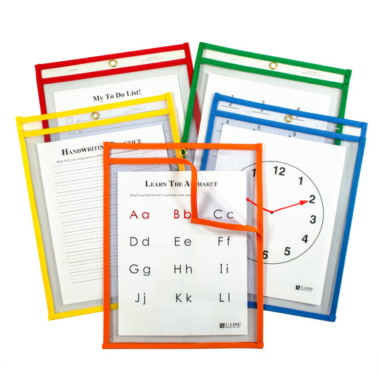 Super Heavyweight Plus Dry Erase Pockets, Assorted Primary Colors, 9 x 12, 5/PK, 42630