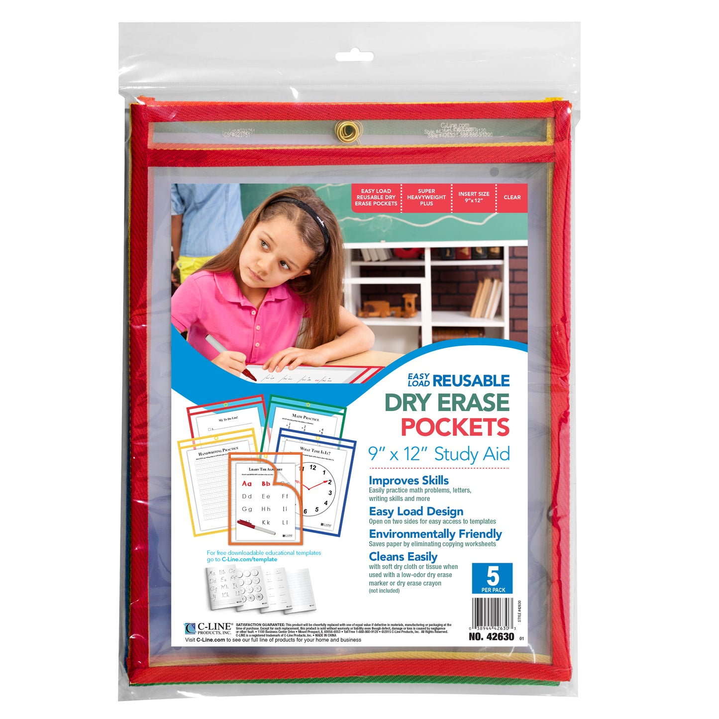 Super Heavyweight Plus Dry Erase Pockets, Assorted Primary Colors, 9 x 12, 5/PK, 42630