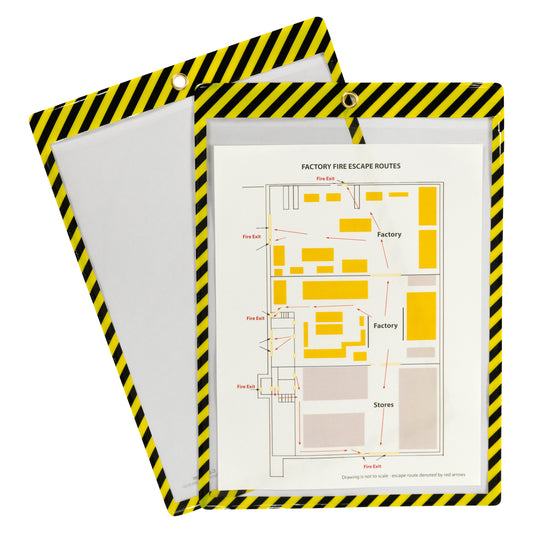 Safety Striped Shop Ticket Holders, Yellow/Black Stripes, both sides clear, 9 x 12, 25/BX, 44101