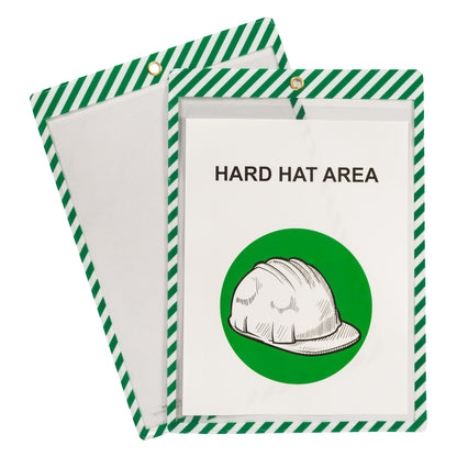 Safety Striped Shop Ticket Holders, Green/White Stripes, both sides clear, 9 x 12, 25/BX, 44103