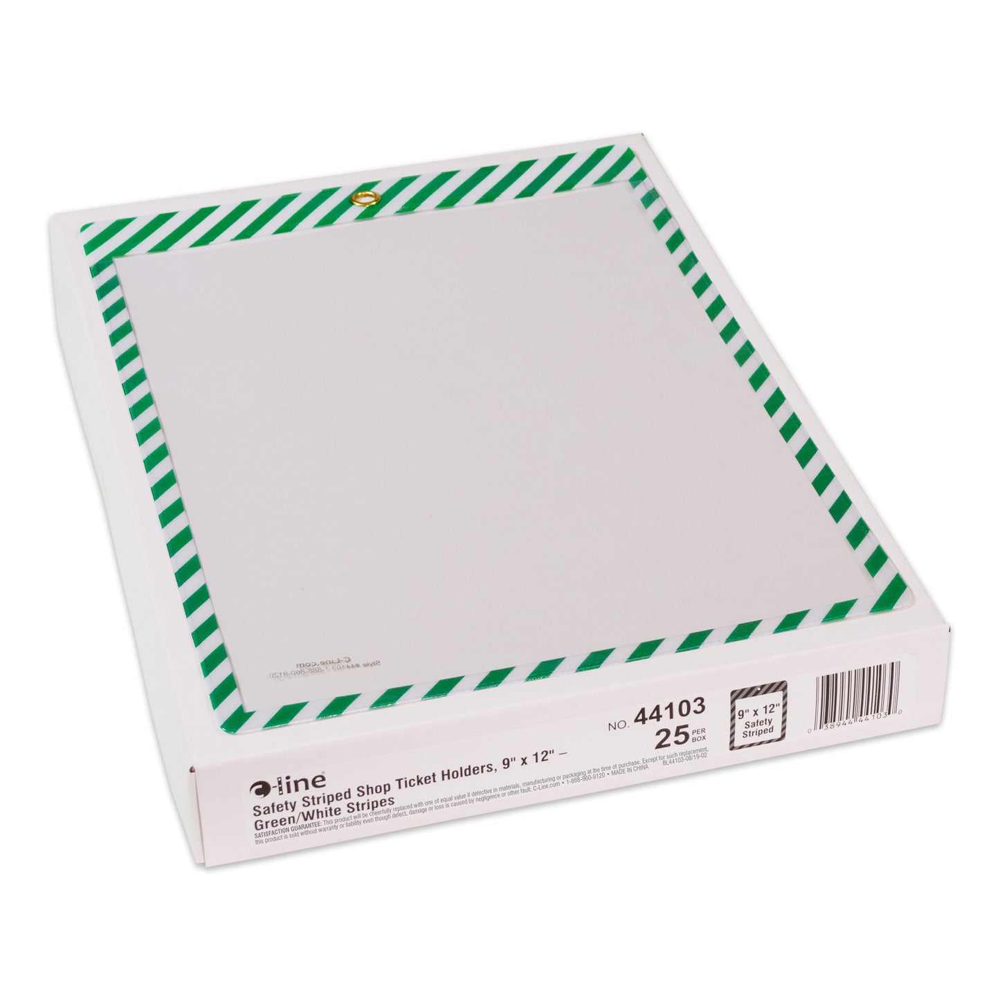 Safety Striped Shop Ticket Holders, Green/White Stripes, both sides clear, 9 x 12, 25/BX, 44103