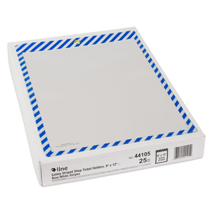 Safety Striped Shop Ticket Holders, Blue/White Stripes, both sides clear, 9 x 12, 25/BX, 44105