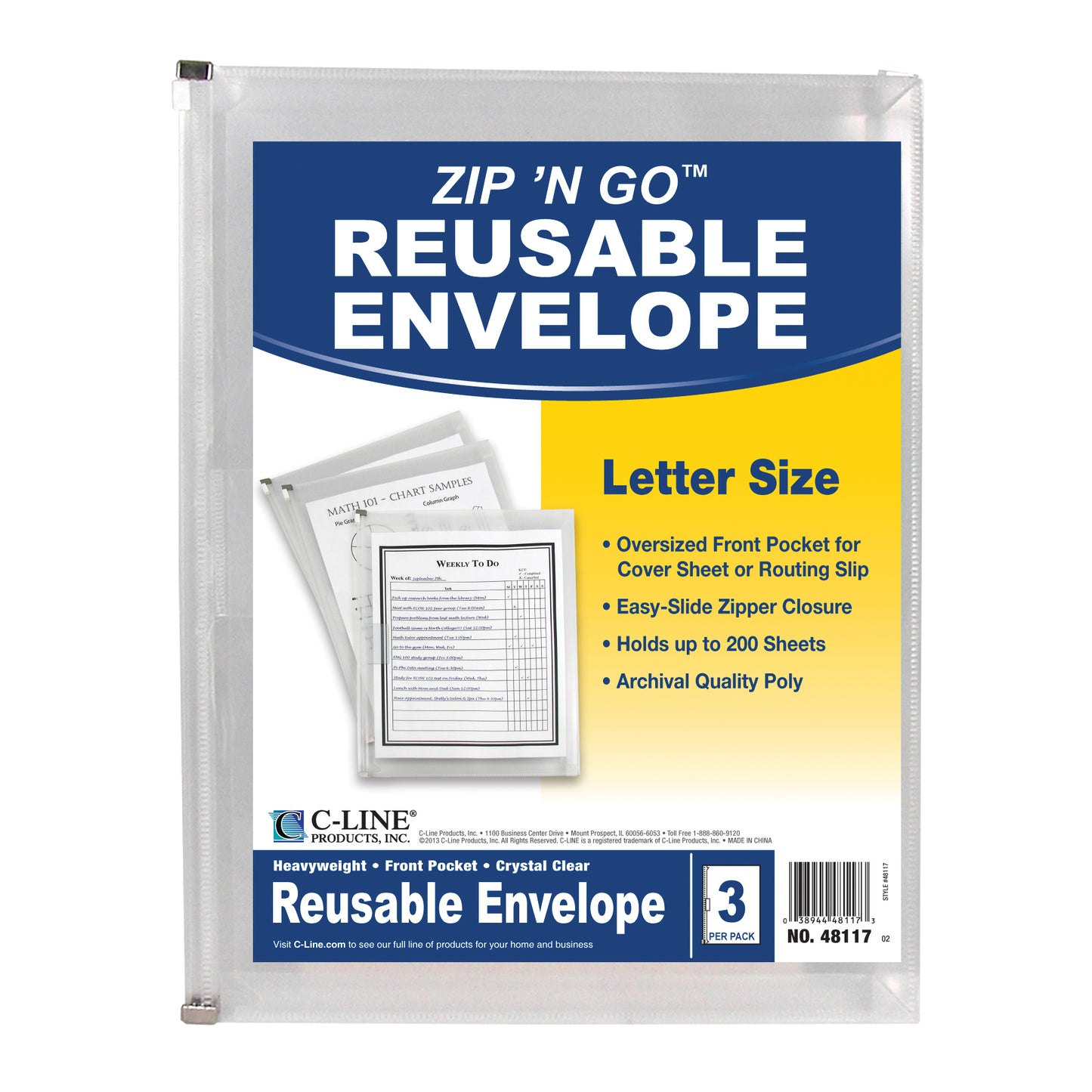 Zip 'N Go Reusable Envelope with Outer Pocket, Clear, 3/PK (Set of 8 PK)