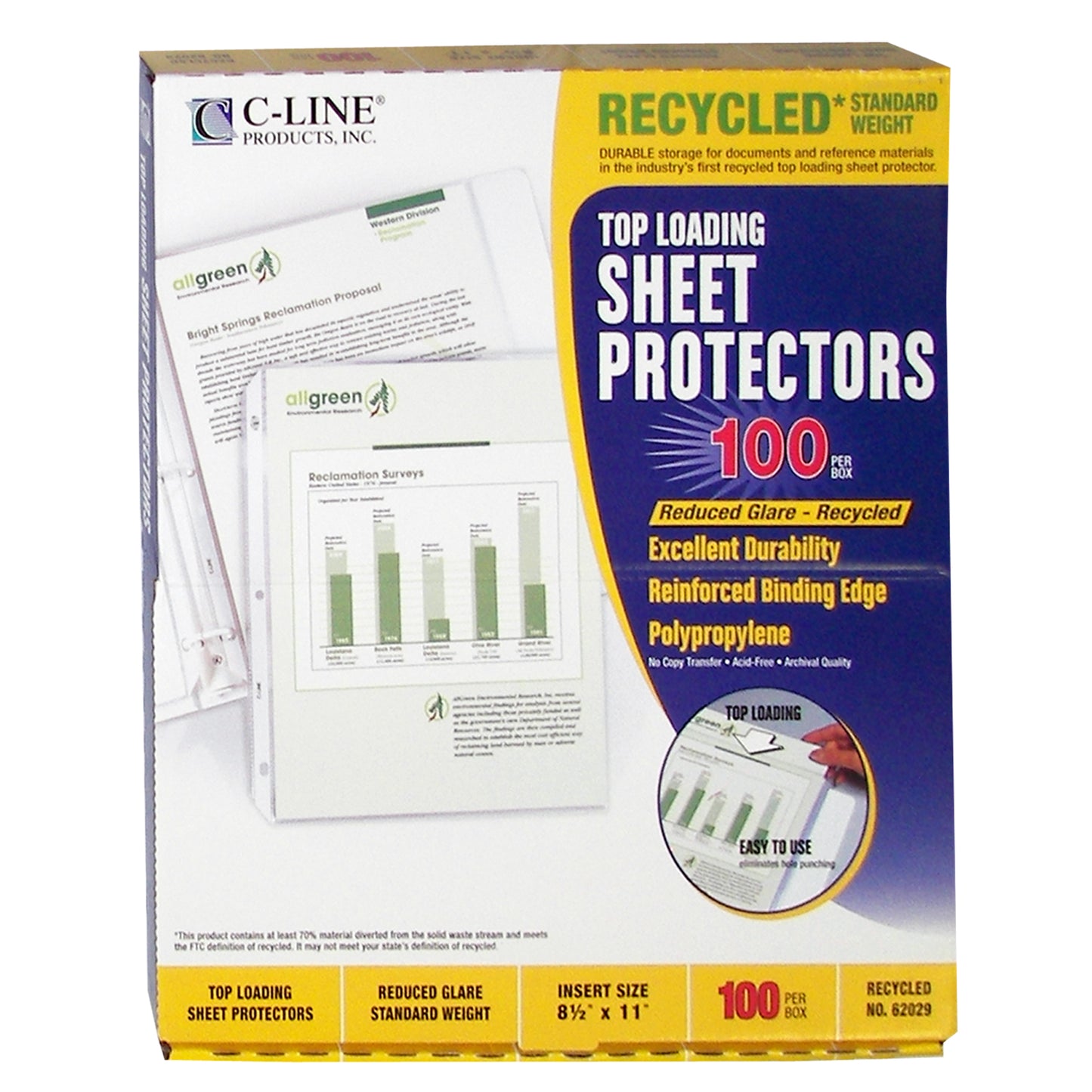 Recycled Polypropylene Sheet Protector, reduced glare, 11 x 8 1/2, 100/BX, 62029