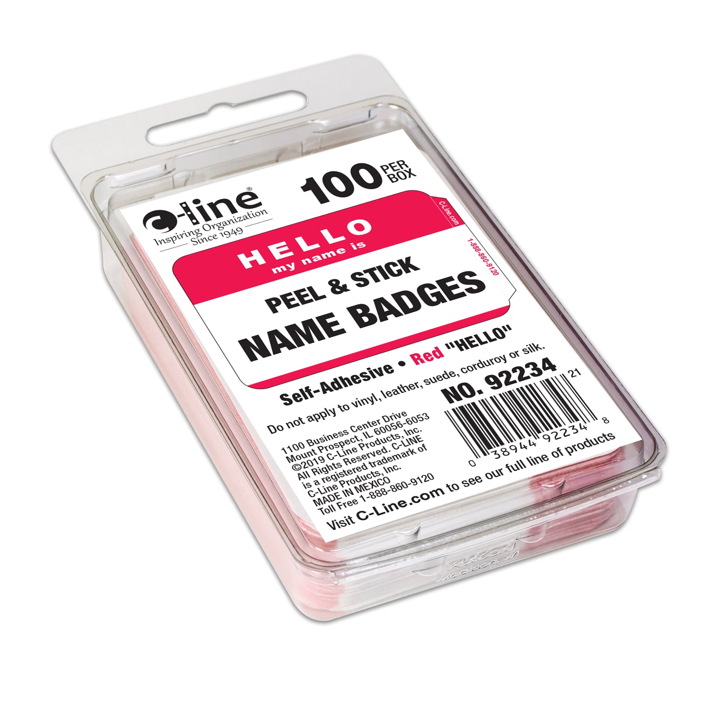 Pressure Sensitive Badges, HELLO my name is, Red, 3 1/2 x 2 1/4, 100/BX (Set of 10 BX)