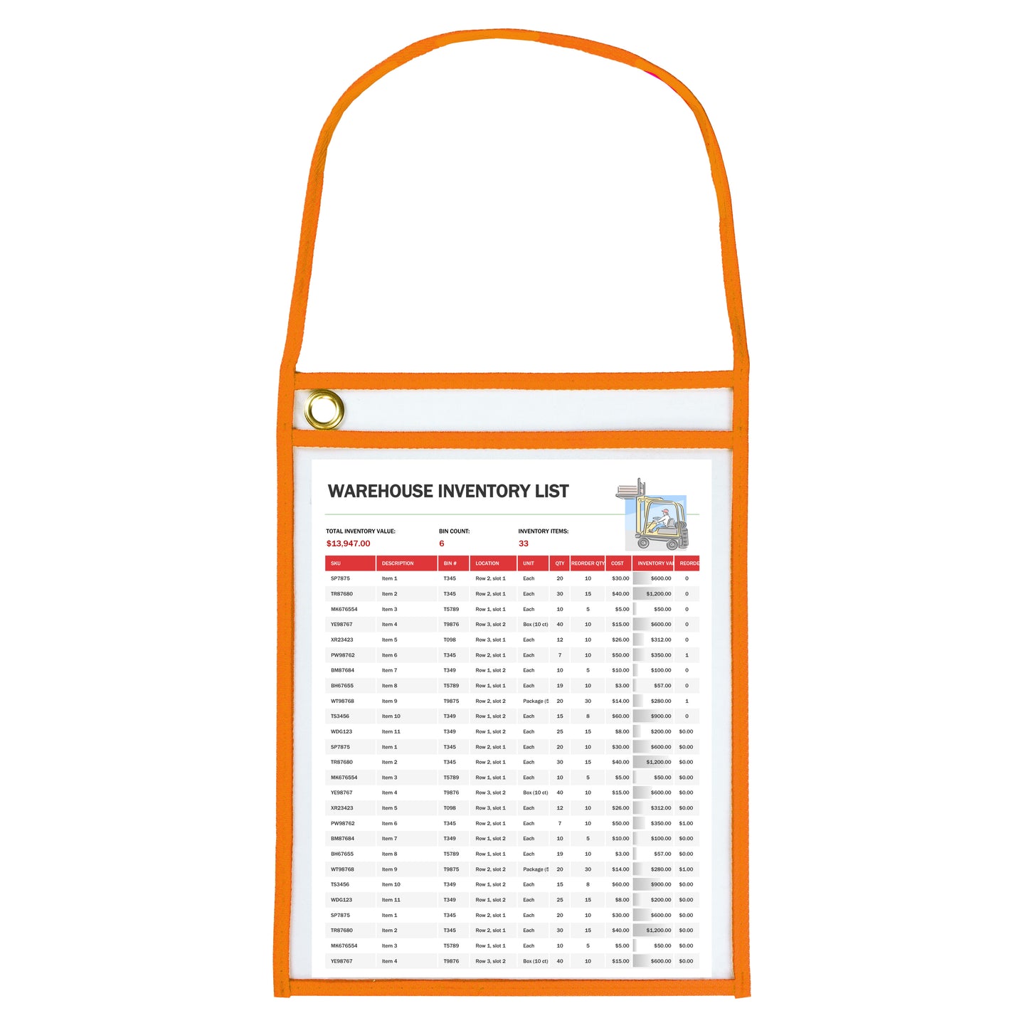 Neon Orange shop ticket holders w/hanging strap (stitched) both side clear, 9x12, 25/BX, 5BX/CT, 71942